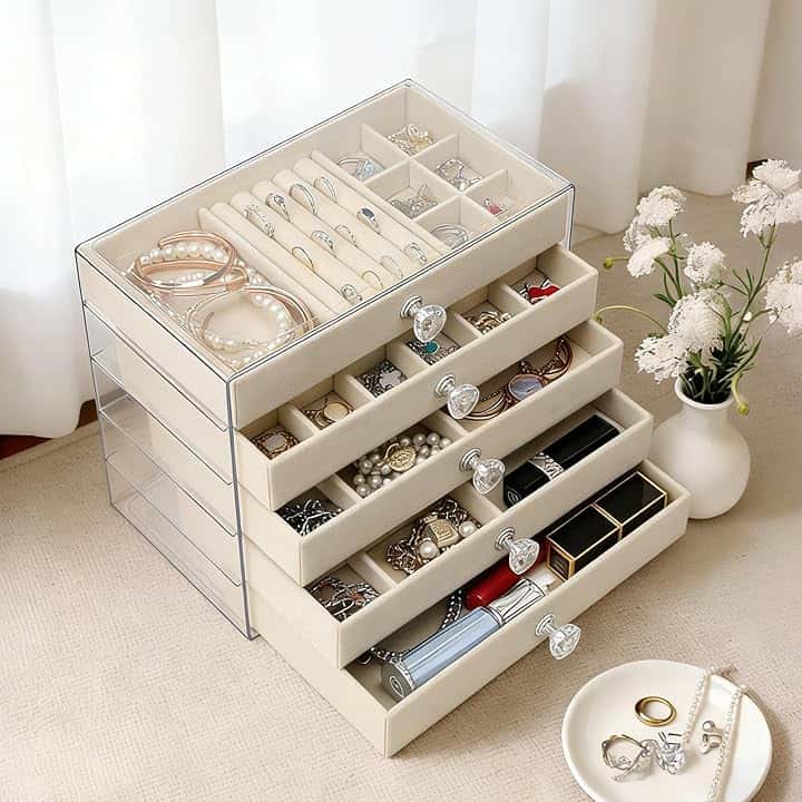 VirtuGro VirtuGro 5 Piani Portagioie Donna da Camera Porta Gioie con Guscio in Acrilico Trasparente Porta Gioielli da Comodino Jewelry Organizer Portagioie Grande Regali per Orecchini Collane Anelli (Beige)