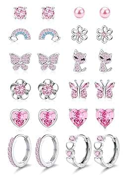 ORAZIO 12 Paia Orecchini Bambina Anallergici Acciaio Chirurgico Orecchini Cerchio Donna Rosa Cuore Farfalla Orecchini Bambina Set