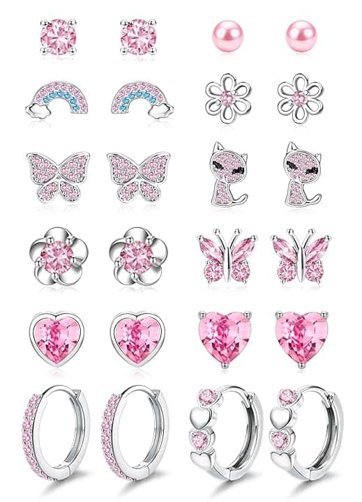 ORAZIO 12 Paia Orecchini Bambina Anallergici Acciaio Chirurgico Orecchini Cerchio Donna Rosa Cuore Farfalla Orecchini Bambina Set