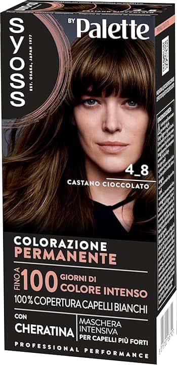 Syoss by Palette Colorazione Permanente 4-8 Castano Cioccolato, Colorazione capelli permanente con Cheratina, Per 100% copertura dei capelli bianchi e fino a 100 giorni di colore intenso