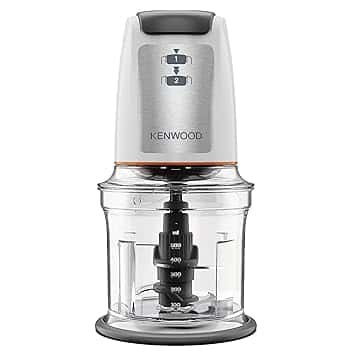 Kenwood Chopper CHP61.100WH, Potenza 500W, Ciotola da 0.5L, 2 velocità, Sistema a quattro lame, Anello antiscivolo per la stabilità del tritatutto, Lavabile in Lavastoviglie, Bianco/SIlver