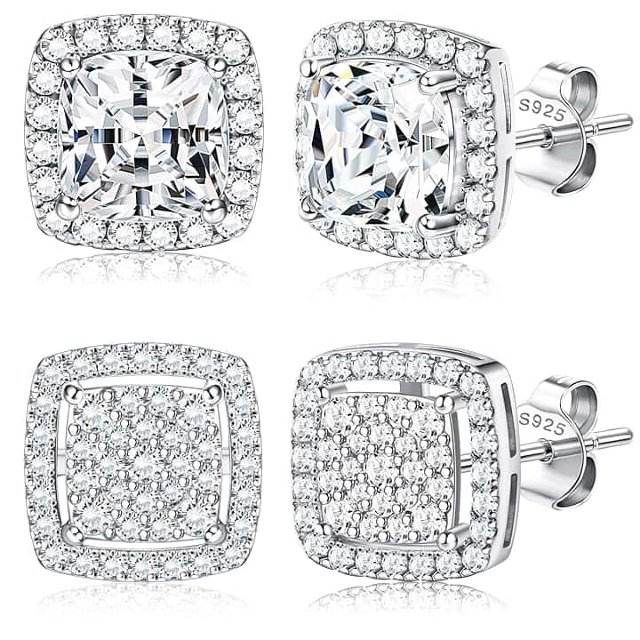 Dochais 2 Paia di orecchini donna uomo argento 925 Placcato Oro 14K orecchini diamante anallergici zirconi cubici rotondi quadrati imitazione diamante per donna uomo