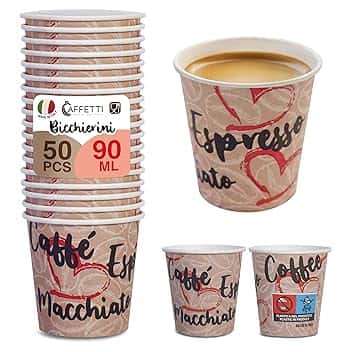 Caffetti 50 Bicchierini Caffè 90 ml, Bicchieri Made in Italy Monouso per Espresso, Macchiato, Bevande Calde, Tè, The, Cioccolata, Usa e Getta, Asporto, Ufficio, a Tema Cuore - 3 oz