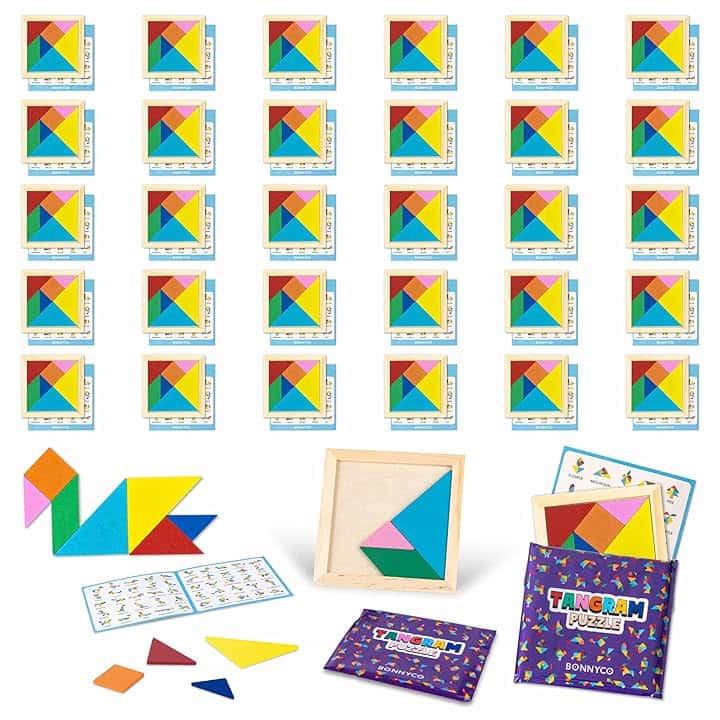 BONNYCO Tangram Legno Bambini Pack 30 Gadget Compleanno Bambini. Mini Giochi Regalini Fine Festa Compleanno, Regalino Fine Festa Invitati. Persierini Giochini per Feste, Mini Puzzle Gadget Scuola