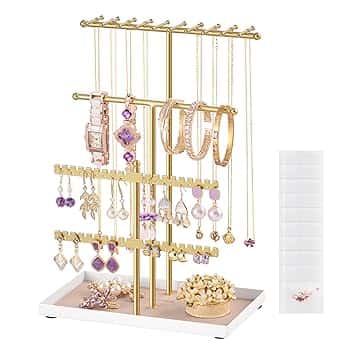 SONGMICS SONGMICS Portagioie, Porta Collane e Orecchini, Struttura in Metallo, Vassoio in Velluto, Espositore per Collane Bracciali Orecchini Anelli, Idea regalo, Oro Pallido JJS036AB01