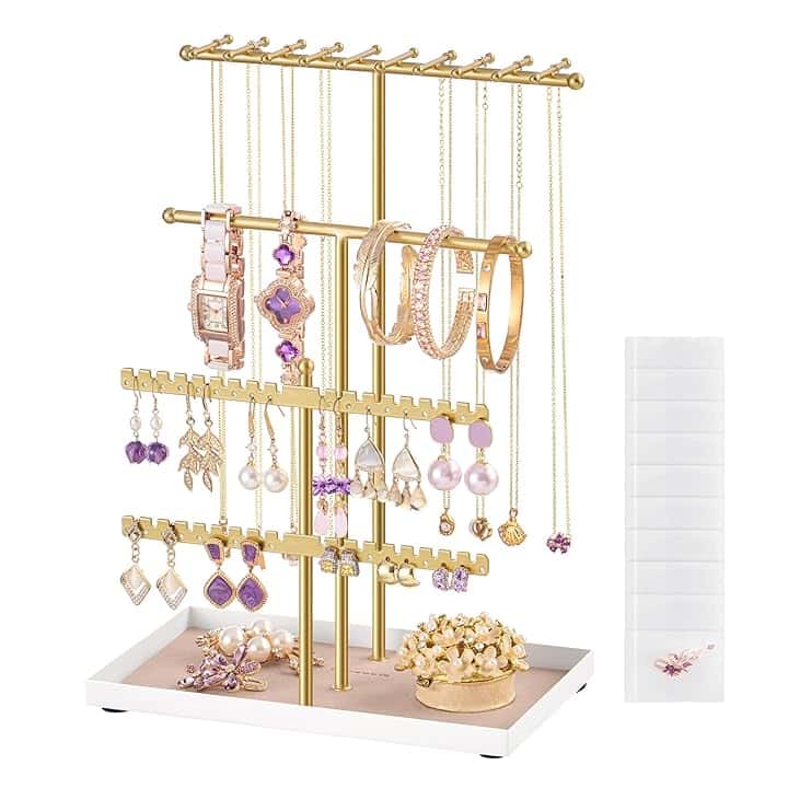 SONGMICS SONGMICS Portagioie, Porta Collane e Orecchini, Struttura in Metallo, Vassoio in Velluto, Espositore per Collane Bracciali Orecchini Anelli, Idea regalo, Oro Pallido JJS036AB01