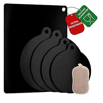MAZZINI Kit Tappetini Copri Piano Induzione – 5 Pezzi (2x Ø22cm, 2x Ø24cm, 1x 23x33cm, Spessore 0,7mm) + Spugna per Pulizia | Silicone e Fibra di Vetro | Antiscivolo, Resistente al Calore 250°C