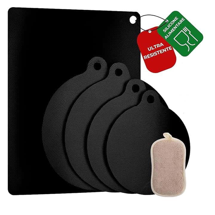 MAZZINI Kit Tappetini Copri Piano Induzione – 5 Pezzi (2x Ø22cm, 2x Ø24cm, 1x 23x33cm, Spessore 0,7mm) + Spugna per Pulizia | Silicone e Fibra di Vetro | Antiscivolo, Resistente al Calore 250°C