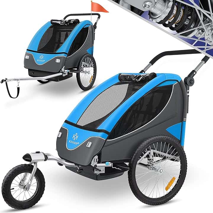KESSER® Rimorchio per Bambini, ruotabile a 360°, con Sospensioni, 2in1 - Funzione Jogger/Rimorchio, Cintura a 5 punti, per 1 o 2 Bambini/max. 40kg
