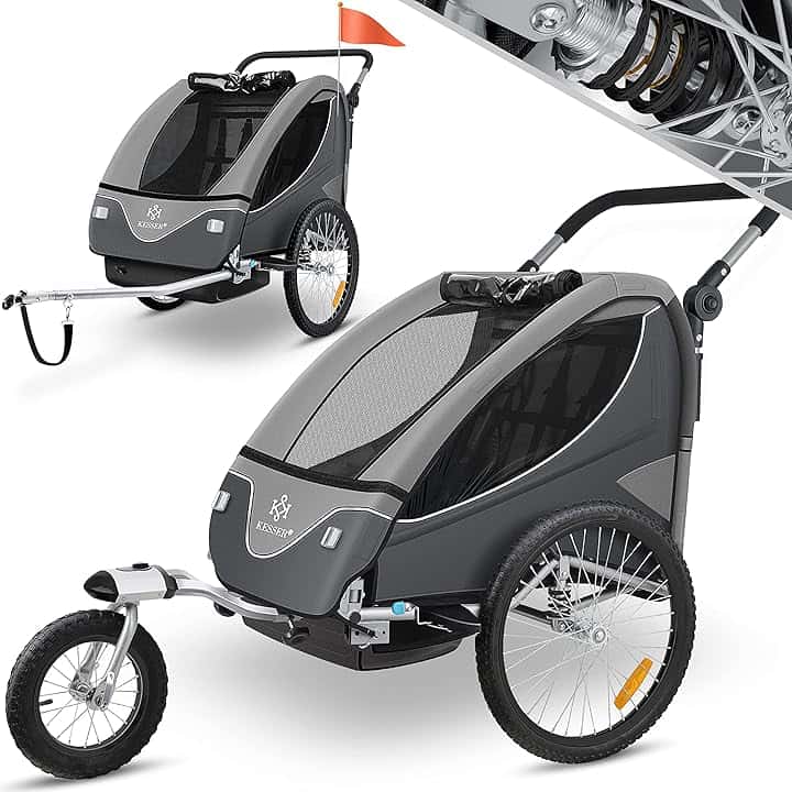 KESSER® Rimorchio per Bambini, ruotabile a 360°, con Sospensioni, 2in1 - Funzione Jogger/Rimorchio, Cintura a 5 punti, per 1 o 2 Bambini/max. 40kg