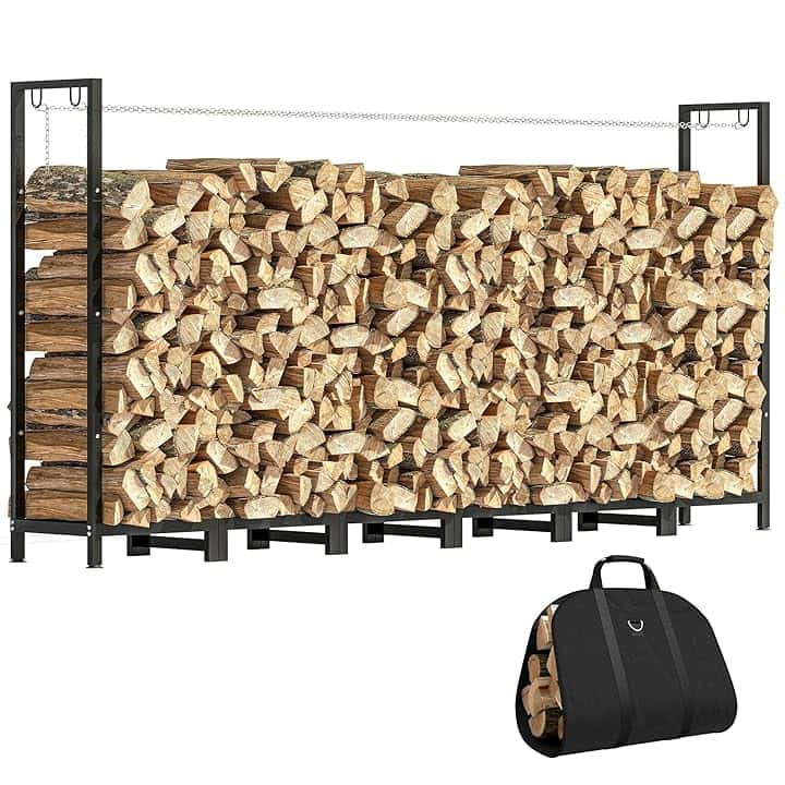 Outsunny Legnaia da Esterno in Acciaio, Portalegna da Esterno con Borsa Portalegna da Trasporto, Struttura Regolabile e Catene in Metallo, Porta Legna Rialzato, 0.8m³, 235x31x116 cm, Nero