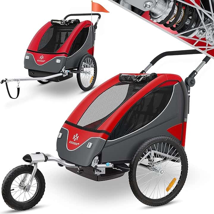 KESSER® Rimorchio per Bambini, ruotabile a 360°, con Sospensioni, 2in1 - Funzione Jogger/Rimorchio, Cintura a 5 punti, per 1 o 2 Bambini/max. 40kg