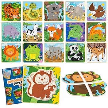 BONNYCO Pack 16 Puzzle in Legno di 4 Pezzi per Gadget Compleanno Bambini 1-5 Anni. Regalini Fine Festa Invitati, Idee Pensierini San Valentino, Regalo Alunni Scuola e Giochi Befana