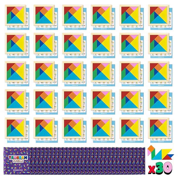 BONNYCO Tangram Legno Bambini Pack 30 Gadget Compleanno Bambini. Mini Giochi Regalini Fine Festa Compleanno, Regalino Fine Festa Invitati. Persierini Giochini per Feste, Mini Puzzle Gadget Scuola