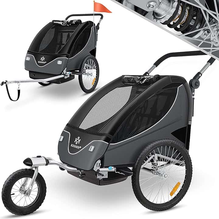 KESSER® Rimorchio per Bambini, ruotabile a 360°, con Sospensioni, 2in1 - Funzione Jogger/Rimorchio, Cintura a 5 punti, per 1 o 2 Bambini/max. 40kg