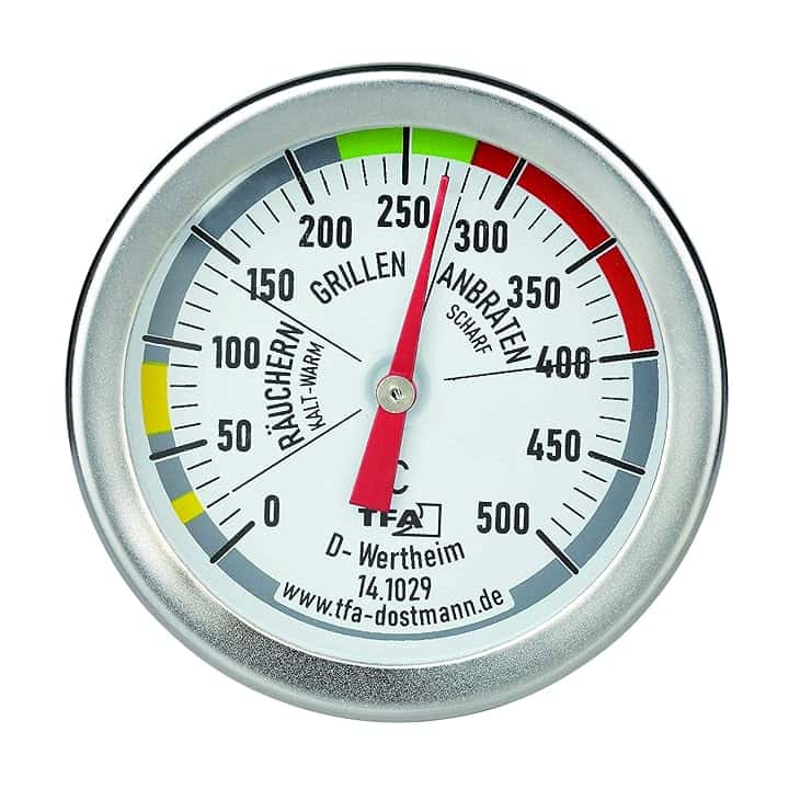 TFA Dostmann Termometro analogico per BBQ, 14.1029, per misurare la temperatura della camera di cottura, per grill/, in acciaio inox, per forno a legna, termometro per carne, termometro da cucina