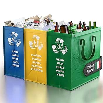 PTMS® Borse Raccolta Differenziata - 3 Bidoni Differenziata da Interno ed Esterno per Carta, Plastica e Vetro - Set Bidoni per Raccolta Differenziata Interno in Colore di Riciclaggio