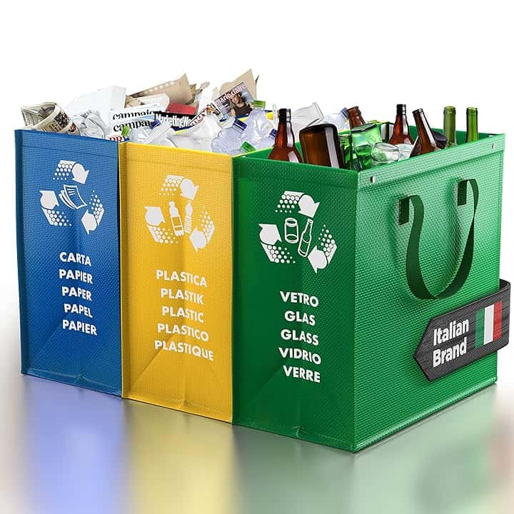 PTMS® Borse Raccolta Differenziata - 3 Bidoni Differenziata da Interno ed Esterno per Carta, Plastica e Vetro - Set Bidoni per Raccolta Differenziata Interno in Colore di Riciclaggio