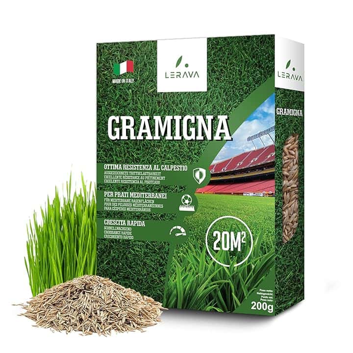 LERAVA Semi Gramigna per Prato (200 g) - Copertura 20 m² - Semi gramignone resistenti alla siccità - Ideali per prati mediterranei e costieri - Consumo d’acqua 20% ridotto