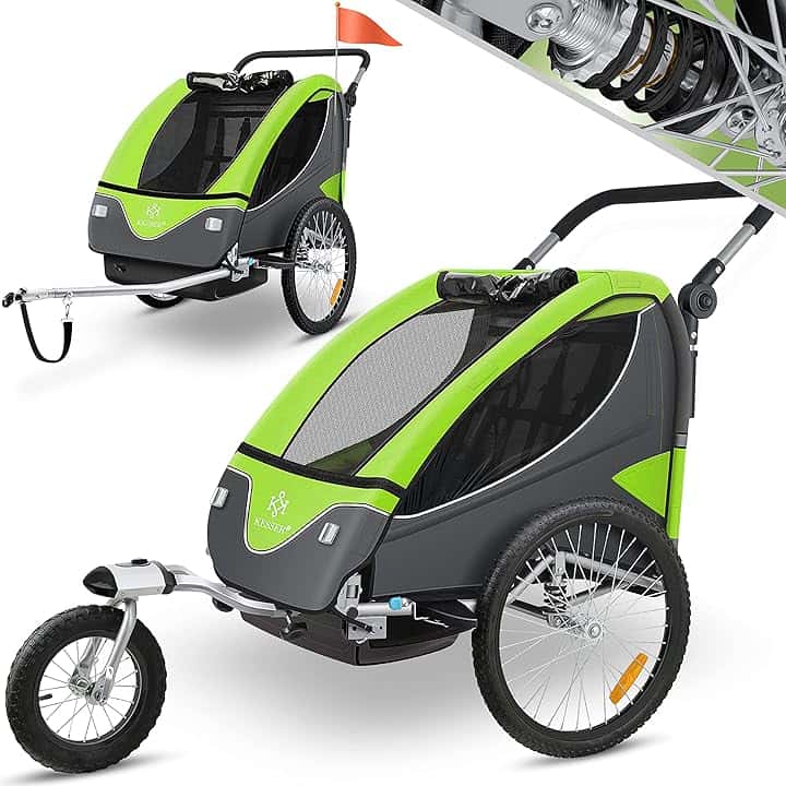 KESSER® Rimorchio per Bambini, ruotabile a 360°, con Sospensioni, 2in1 - Funzione Jogger/Rimorchio, Cintura a 5 punti, per 1 o 2 Bambini/max. 40kg