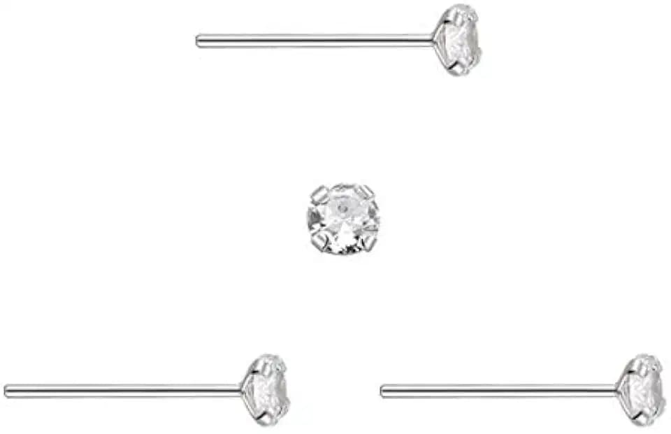 DENI 3 Orecchini a lobo, barra dritta in argento, con zircone rotondo e brillante, 2 mm, barra sottile da 0,6 mm, argento sterling