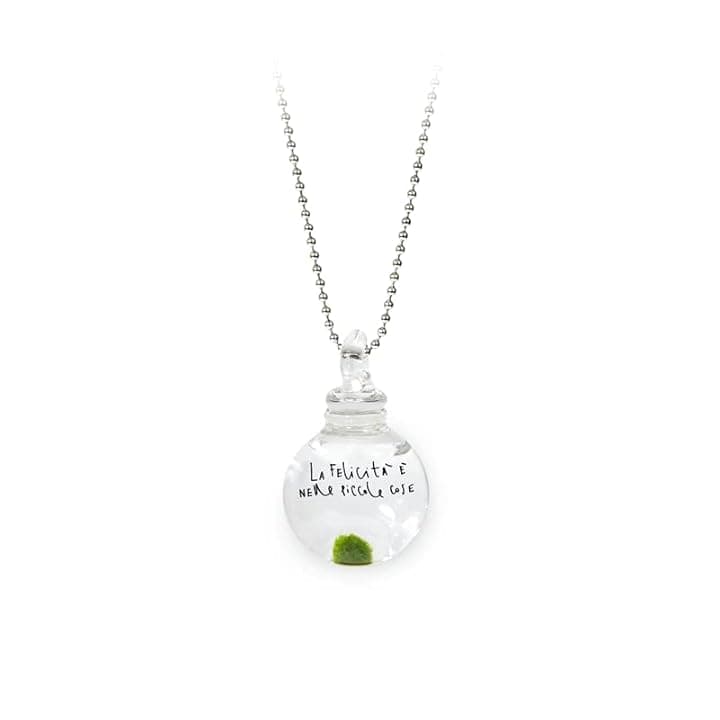 KAKI La Felicità è Nelle Piccole Cose Collana Marimino Edition con Marimo vero, vetro soffiato artigianale, acciaio inossidabile anallergico, fatta a mano in Italia
