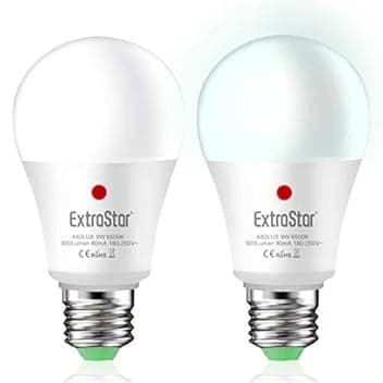 Lampadina Con Sensore, EXTRASTAR E27 Lampadine LED con Sensore Crepuscolare da Esterno, Auto On/Off, 9W bianco freddo 6500K per Veranda Giardino Porta d'ingresso Corridoio 2 pezzis