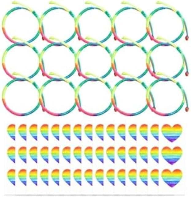 15 Braccialetti dell'Amicizia per Bambini, Portafortuna Colorati Intrecciati a Mano con 15 Adesivi Arcobaleno, Regolabili, Regalo Fine Anno Scolastico e Gadget Feste