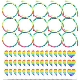 15 Braccialetti dell'Amicizia per Bambini, Portafortuna Colorati Intrecciati a Mano con 15 Adesivi Arcobaleno, Regolabili, Regalo Fine Anno Scolastico e Gadget Feste