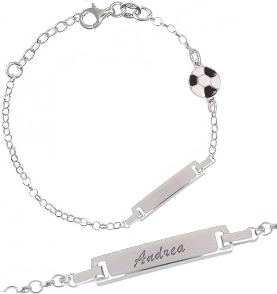 Sakrami Bracciale in Argento 925 + Piastrina Personalizzabile con Nome + Pallone da Calcio Smaltato + Idea Regalo Bambino + Braccialetto Sportivo per Nascita, Battesimo, Comunione, Compleanno