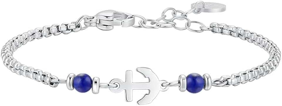 Luca Barra Bracciale da Bambino in Acciaio con Ancora e Perle Blu, Modello JB254