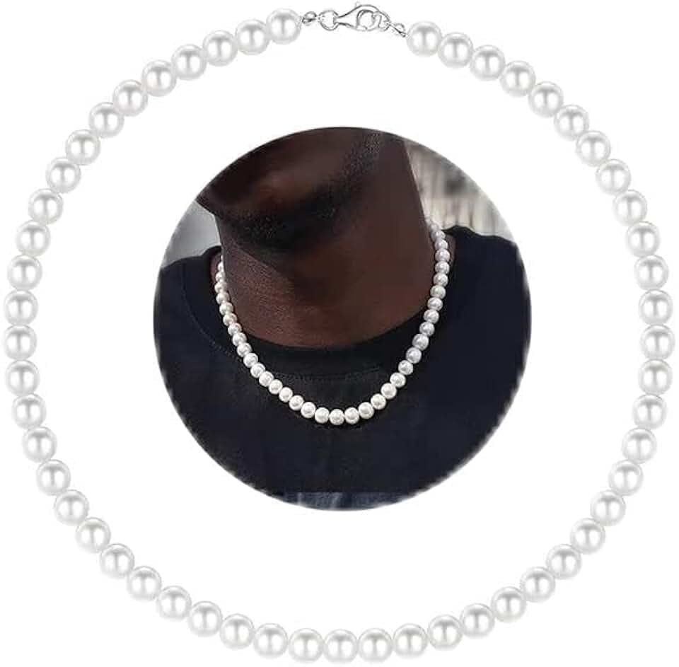 Hipwope HIPVOPE 6/8 mm Collana di perle per Uomo collana di perle finte Collane da uomo 16/18/20/22/24 pollici lunghezza collana di perle girocollo collana di perle bianche Uomo Gioielli