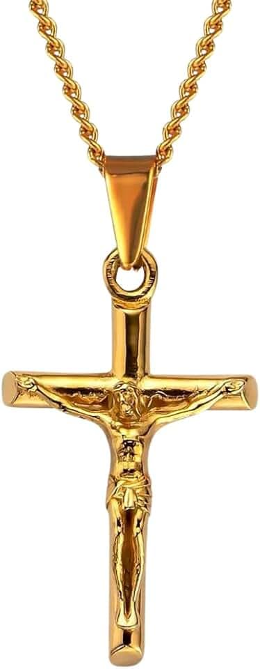 DVRK Crocifisso Collana Uomo Oro 18k o Argento su Base di Acciaio Inossidabile 316L - Collana Uomo Croce 55 cm Resistente all'Acqua - Rosario, Crucifix, Cross, Regalo
