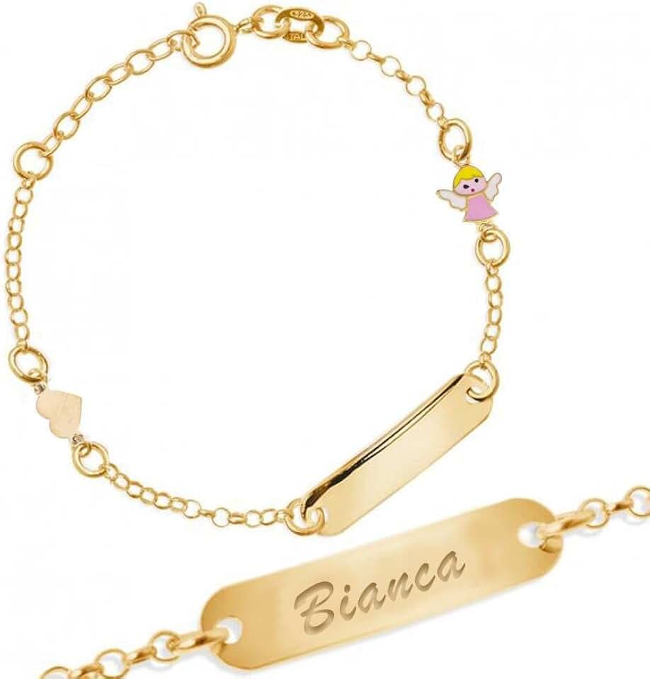 Sakrami Bracciale Argento 925 Bimba Piastrina Personalizzabile con Nome e Angioletto Smaltato Kids Collection + Confezione Regalo Personalizzata - Braccialetto per Nascita Comunione o Battesimo