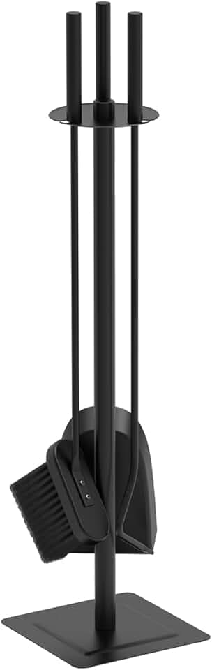 VOUNOT® Kit Camino Attrezzi 4 Pezzi, Set Utensili Camino in Ferro Battuto, Accessori per Caminetto Stufa Legna con Attizzatoio Scopa Pala Portattrezzi, Nero