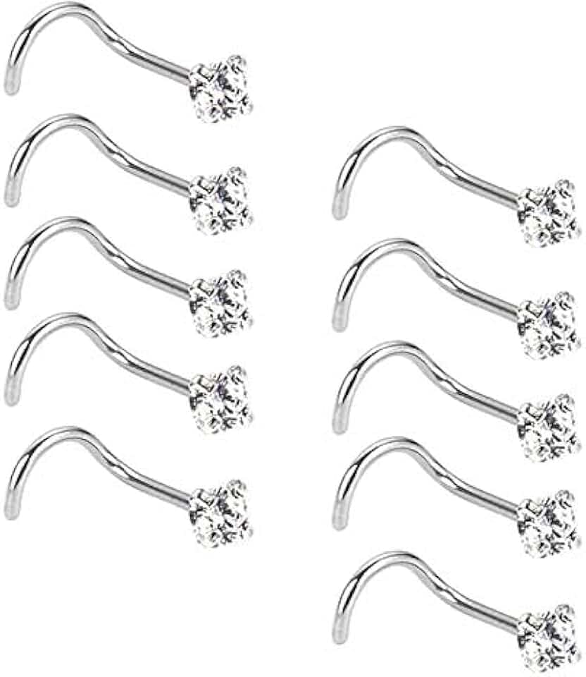 Liuxn 20 Gauge 10 Pezzi Naso Vite Curvo in Acciaio Inossidabile Naso a Bottone Naso Cubico Zirconia Piercing Gioielli per Corpo