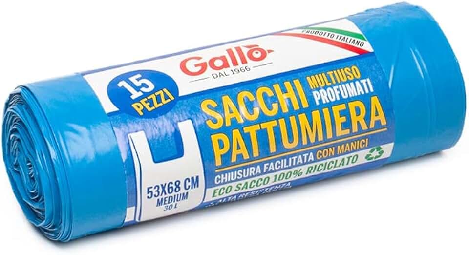 Gallo, 15 SacchettI Spazzatura in Plastica Riciclata, 100% Riciclato, 53x68cm, 30Litri, Blu