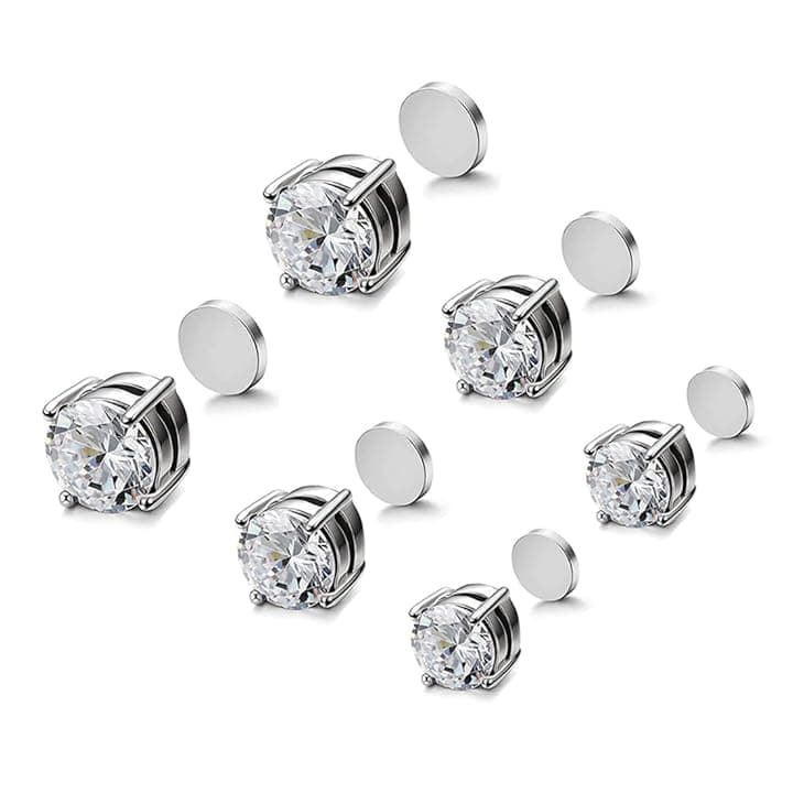 XOUDKE 3 Paia Orecchini Magnetici in Acciaio Inossidabile per Uomo Donna Unisex Non-Piercing Calamita Finti Orecchino Set,5/6/7mm