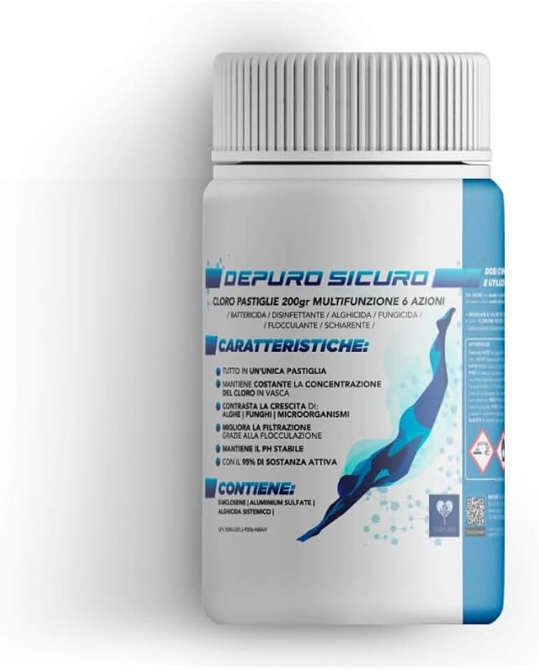 Depuro Sicuro kg 1 Cloro Multifunzione 6 Azioni pastiglie 200 Gr Battericida, Disinfettante, Alghicida, Fungicida, Flocculante, Schiarente, Stabilizzante del Ph