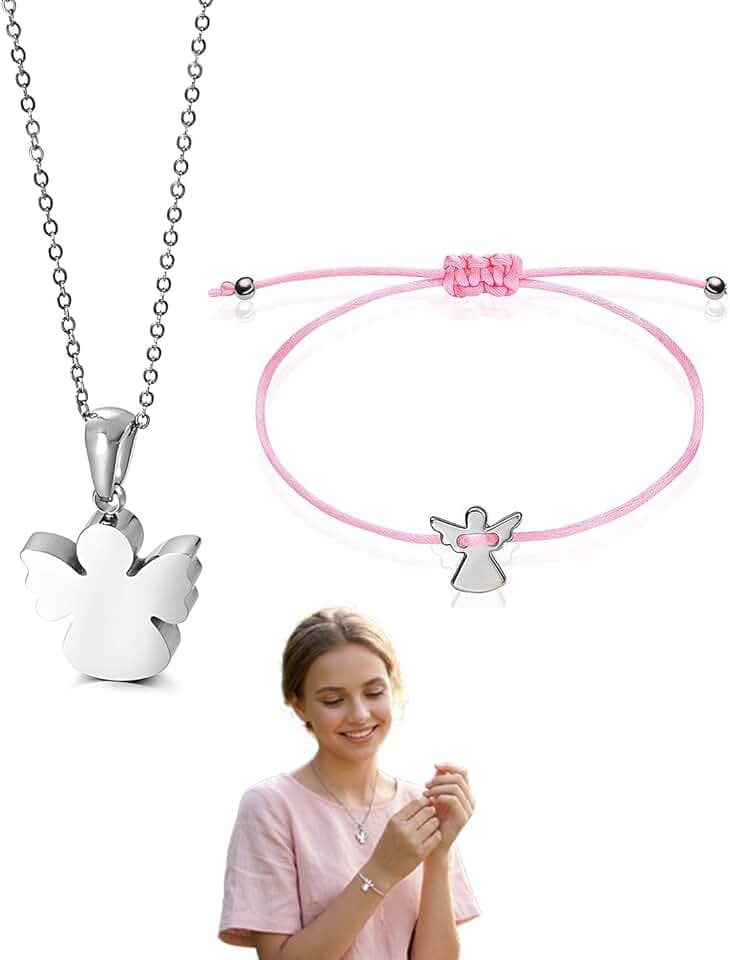 Bracciale e Collana con Ciondolo Angelo Custode Argento, Set di Gioielli in Acciaio Inossidabile Regolabile per Bambina e Bambino, Regalo per Cresima Comunione Battesimo Compleanno