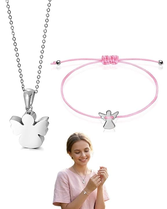 Bracciale e Collana con Ciondolo Angelo Custode Argento, Set di Gioielli in Acciaio Inossidabile Regolabile per Bambina e Bambino, Regalo per Cresima Comunione Battesimo Compleanno