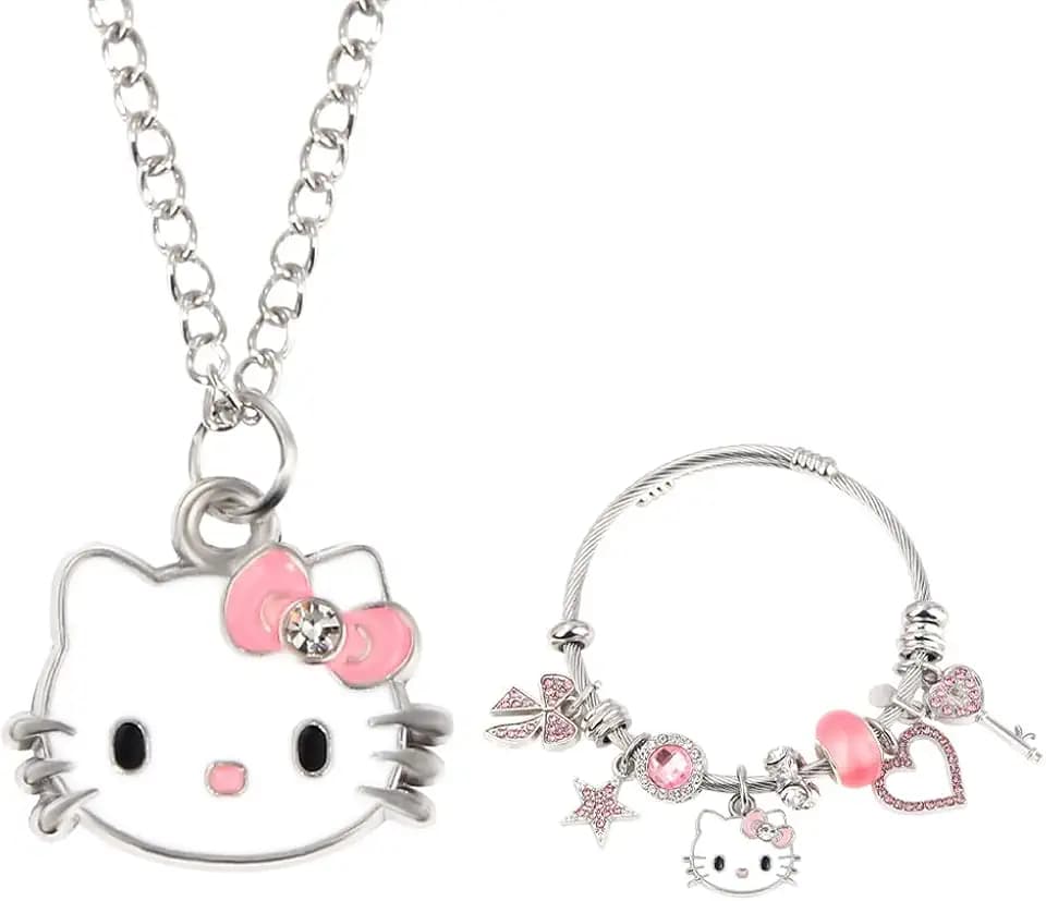 Gkaopi 2 Pezzi Cute Gatto Collana Pendente Braccialetti per Bambina, Anime Braccialetti Collane Gatto Gioielli Donna, Collanine Regolabile per Regalo Ragazze Compleanno