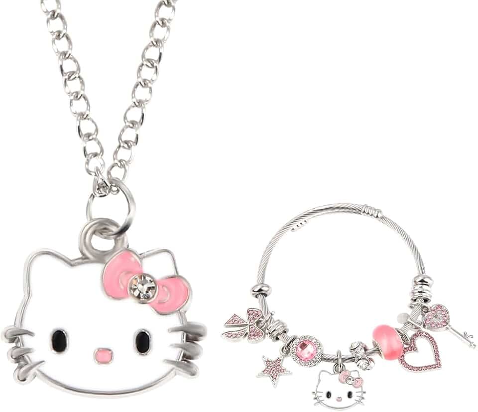 Gkaopi 2 Pezzi Cute Gatto Collana Pendente Braccialetti per Bambina, Anime Braccialetti Collane Gatto Gioielli Donna, Collanine Regolabile per Regalo Ragazze Compleanno