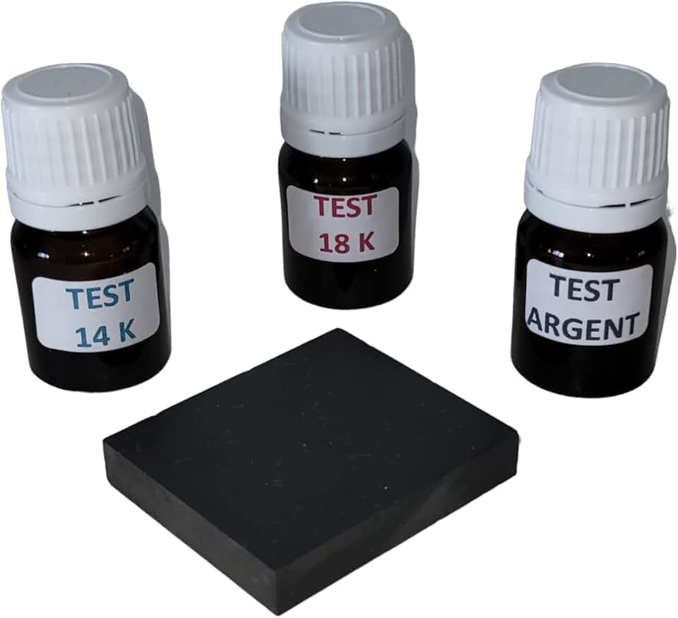 Générique Kit 3 flaconi per spatola test gioielli tester per oro 14 K, 18 K, argento pronto all'uso con pietra di tocco + istruzioni incluse