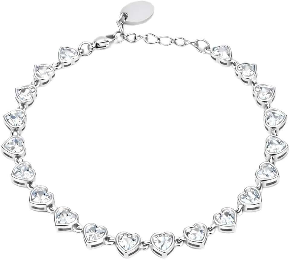 SAGA GIOIELLI Bracciale donna tennis argento cuori con zirconi - donna in Acciaio inox – Lunghezza 17,5+3 cm Confezione Regalo (dimensione zirconi circa 5,5 mm)