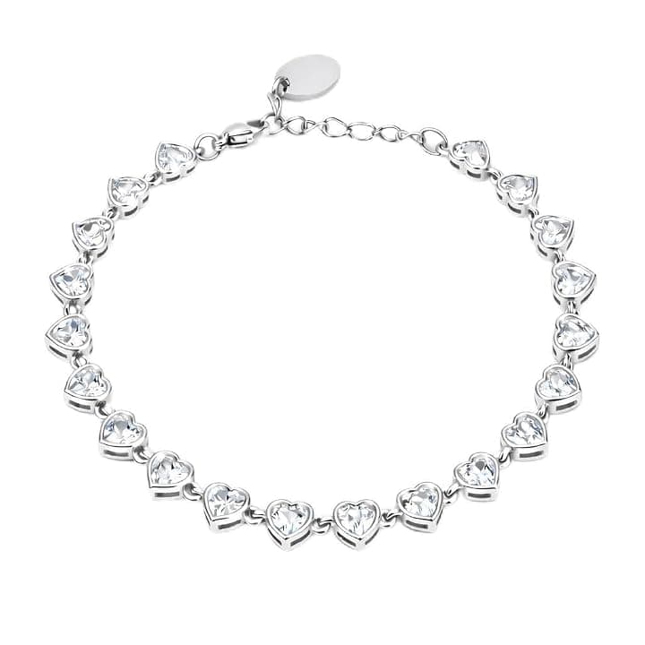 SAGA GIOIELLI Bracciale donna tennis argento cuori con zirconi - donna in Acciaio inox – Lunghezza 17,5+3 cm Confezione Regalo (dimensione zirconi circa 5,5 mm)