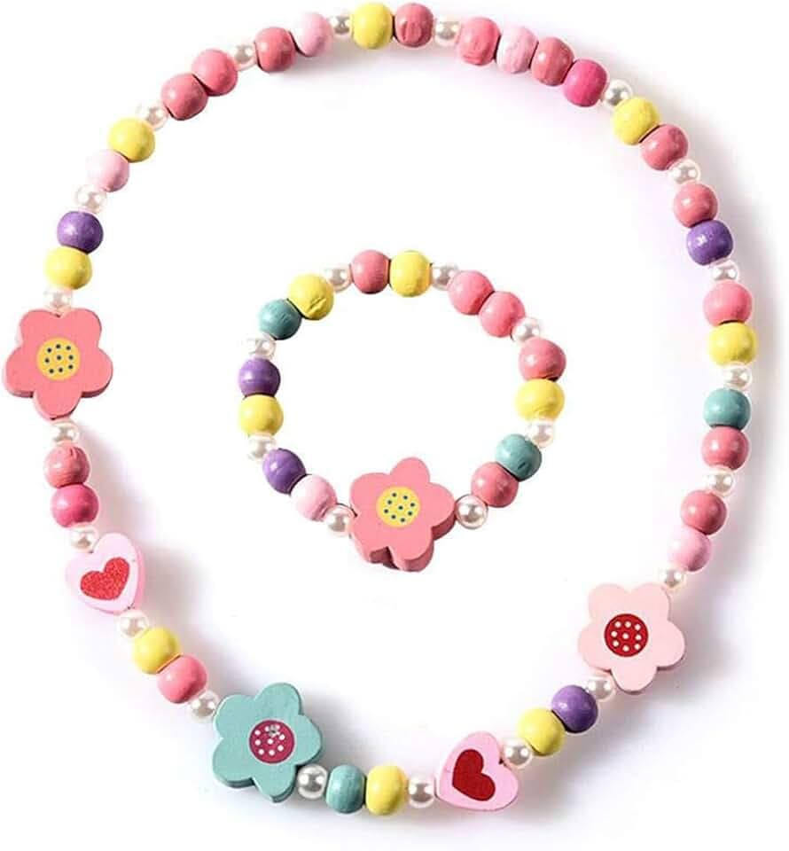 KSJEHW 2 Pezzi Gioielli Bambina, Bracciali Bambina, Set Di Gioielli Bambini in Legno, Collana E Bracciale Colorati, Regalo Per Compleanno, Feste E Accessori Costume(Fiore 2)