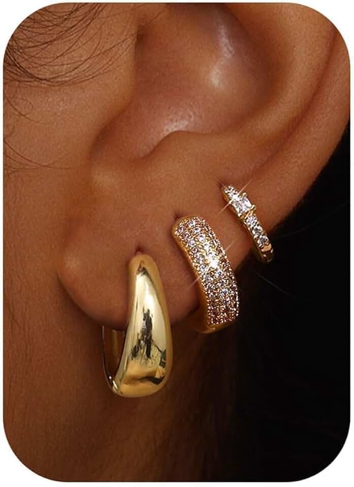 Chriscoco 3Paia Orecchini Cerchio Oro/Argento Set Anallergici Orecchini Donna Oro Placcato 14K Orecchino a Cerchio Piccoli per Fori Multipli