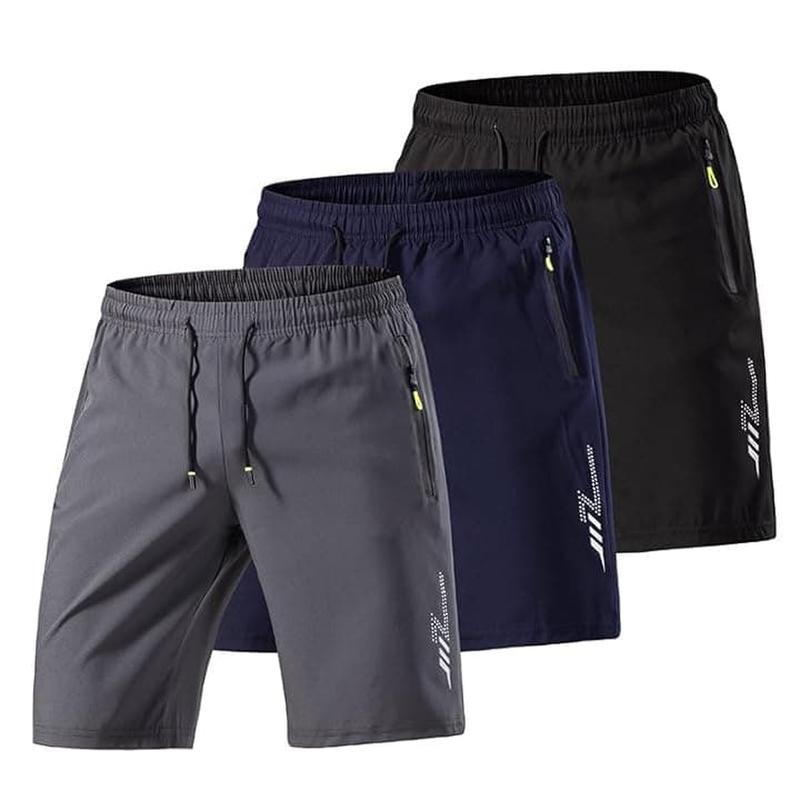 Confezione da 3 pantaloncini sportivi da uomo, ad asciugatura rapida, leggeri, per palestra, allenamento, con tasche con cerniera, seta ghiaccio traspirante