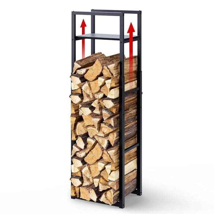 VOUNOT® Legnaia in Metallo con Ripiano, Altezza Regolabile a 3 Livelli 45x32x120-170 cm, Portalegna Salvaspazio da Interno ed Esterno, Struttura Robusta per Legna da Camino, Nero
